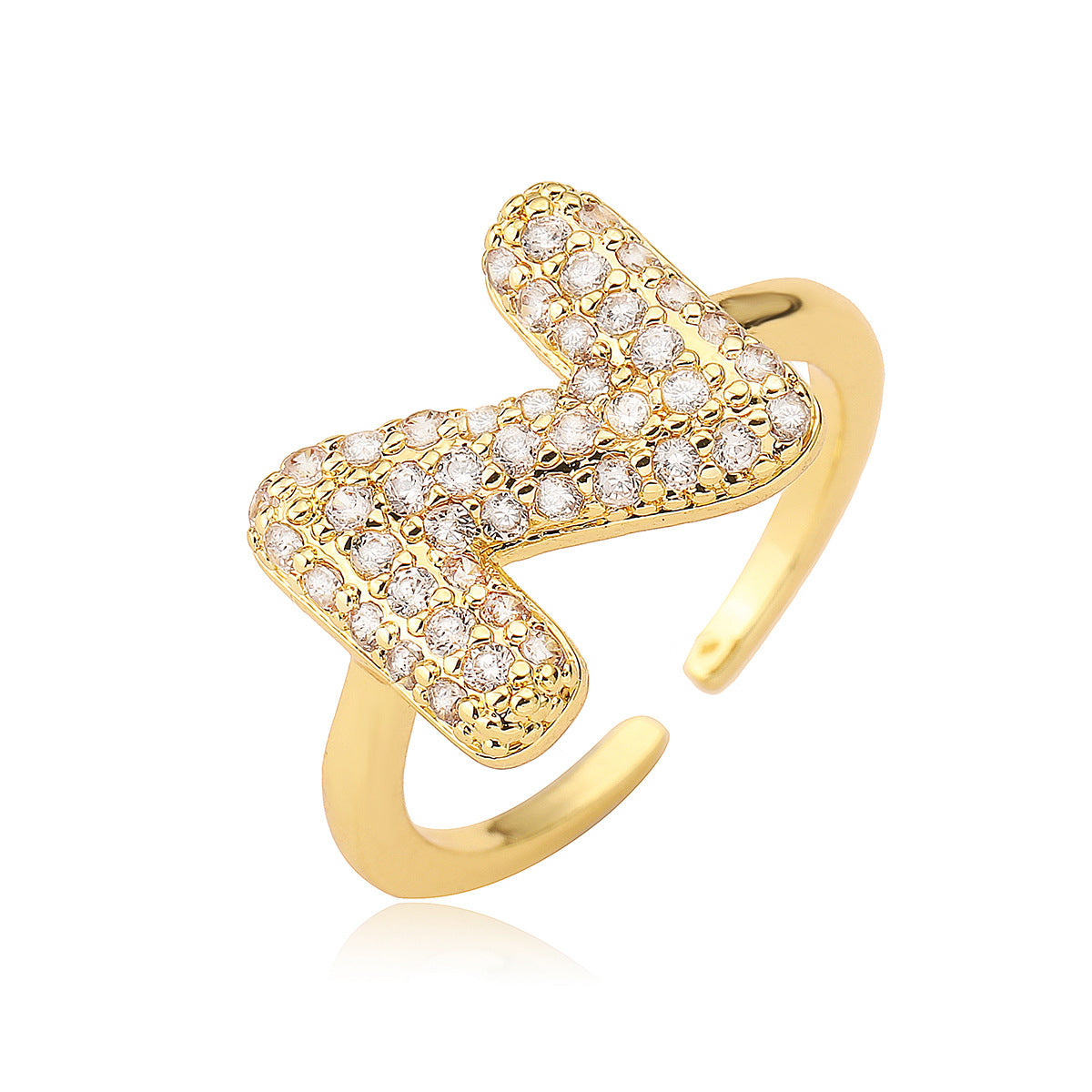 Anillo de cobre minimalista de forma geométrica con letras, chapado en oro de 18K y detalles de circonita para mujer