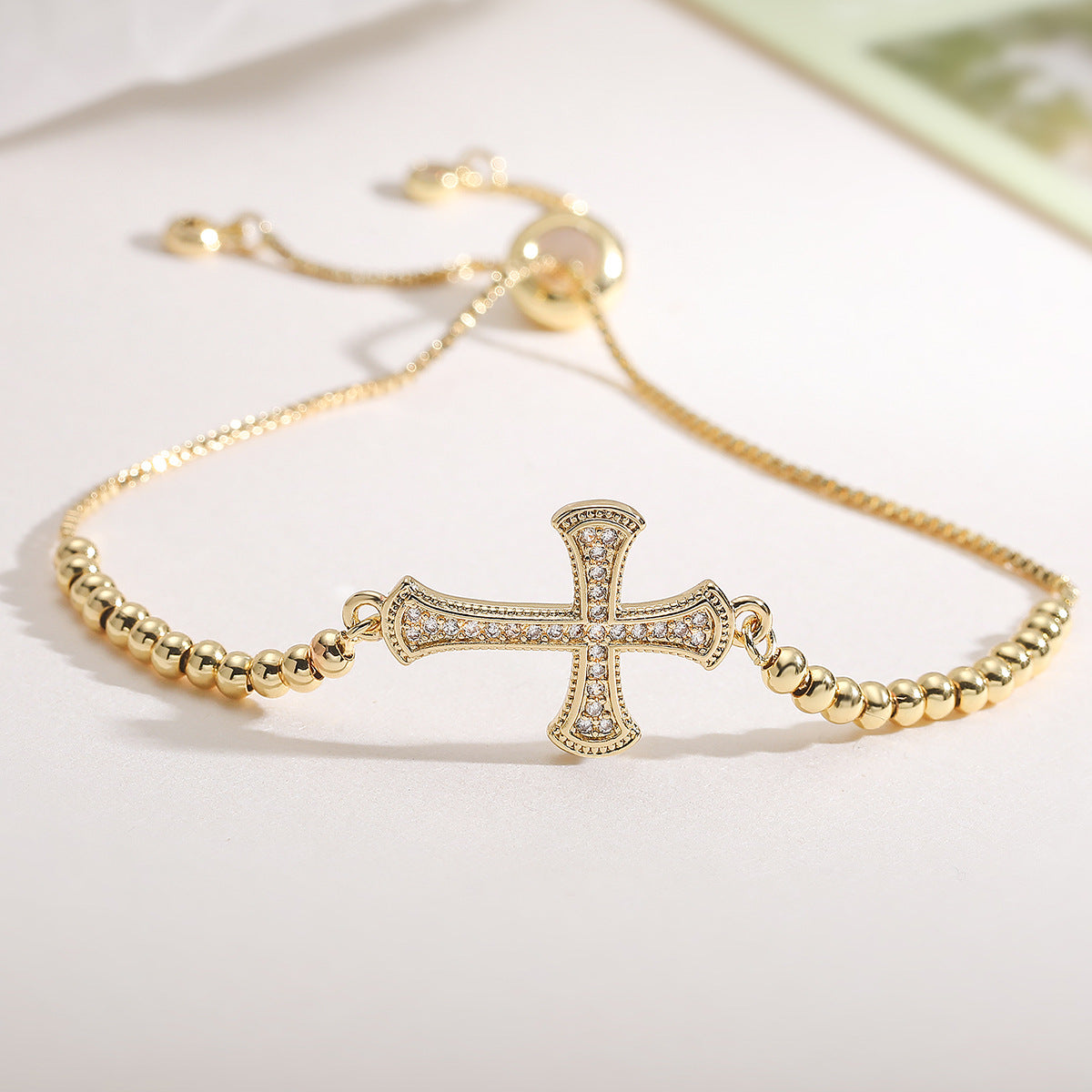 Minimalist 18K Gold Plated Brass Geometric Cross Bracelet with Cubic Zirconia for Women