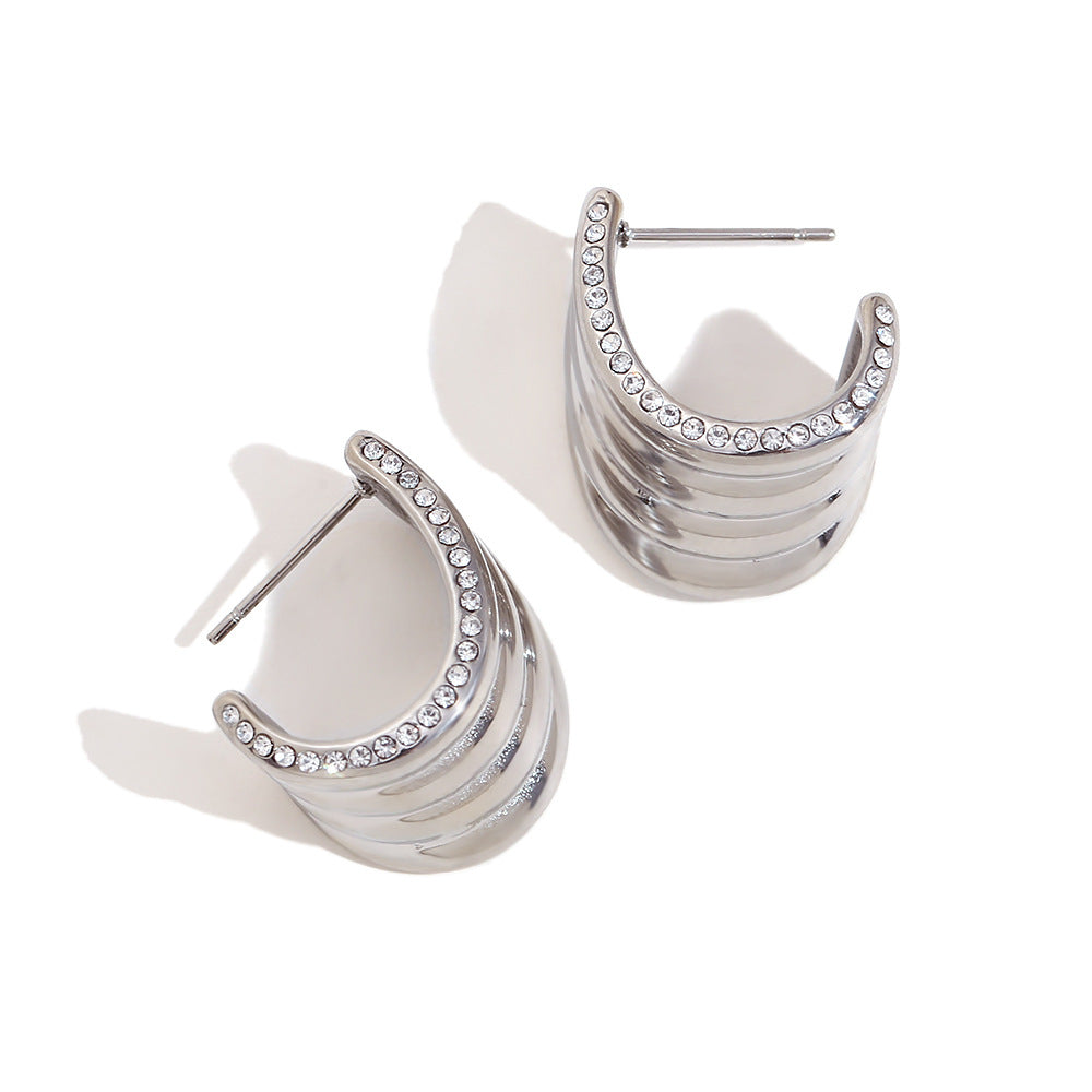 Fashionable Geometric Stainless Steel Earrings with 18K Gold Plating and Micro-Paved Rhinestone Wave-Edge Design for Women