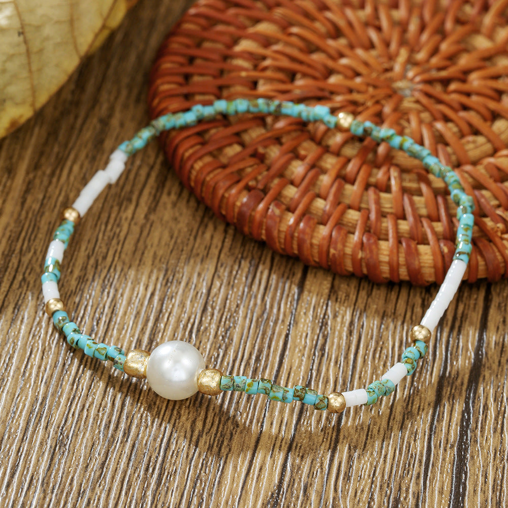 Bohemian Sweet Camouflage Geometric Round Glass Pearl Brass Beaded Bracelet for Women
