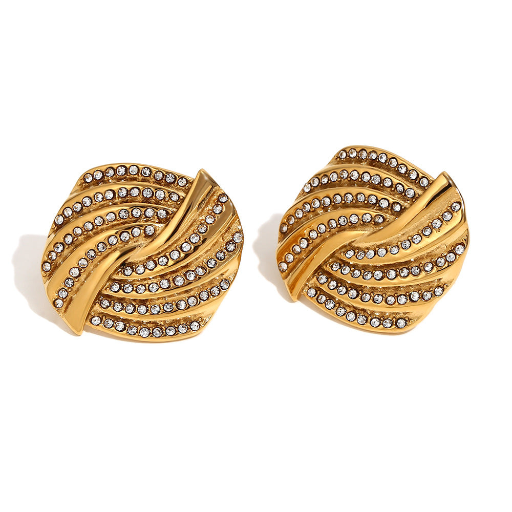 Elegantes pendientes de tuerca geométricos de cruz y pluma de acero inoxidable con baño de oro de 18K y detalles de diamantes de imitación