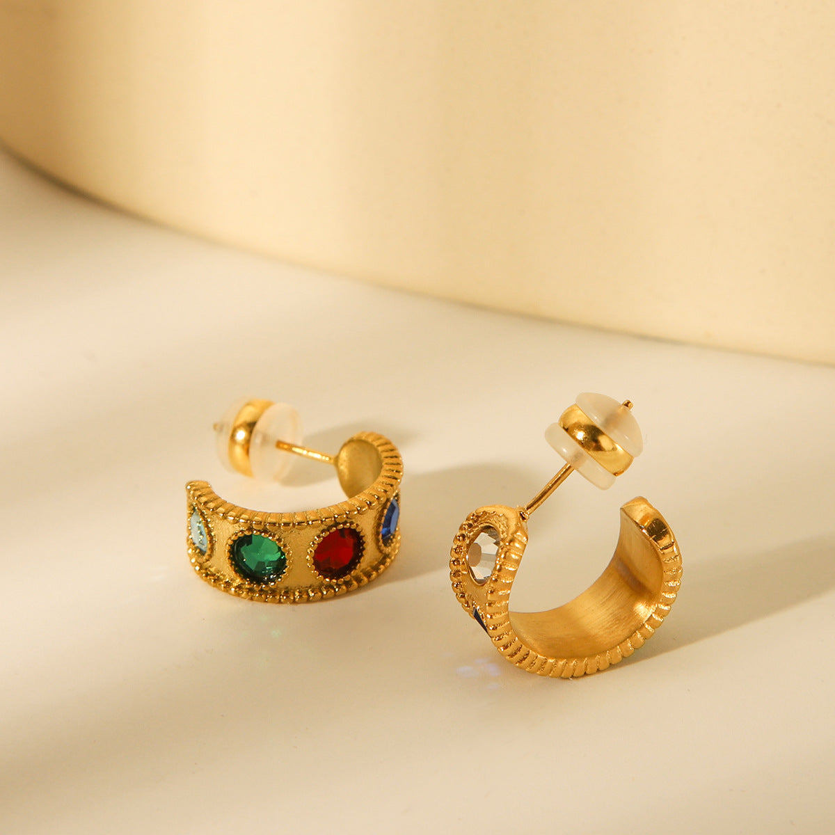 Minimalist Geometric C-Shaped Stainless Steel Earrings with Zircon Inlay Plated in 18K Gold for Women
