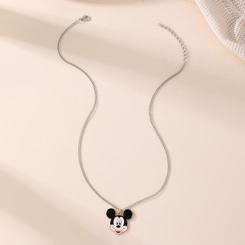 Cartoon Minnie Mouse and Mickey Mouse Resin Pendant Necklace with Bowknot Shape, Enamel Finish, Round Bead Chain, for Kids and Children
