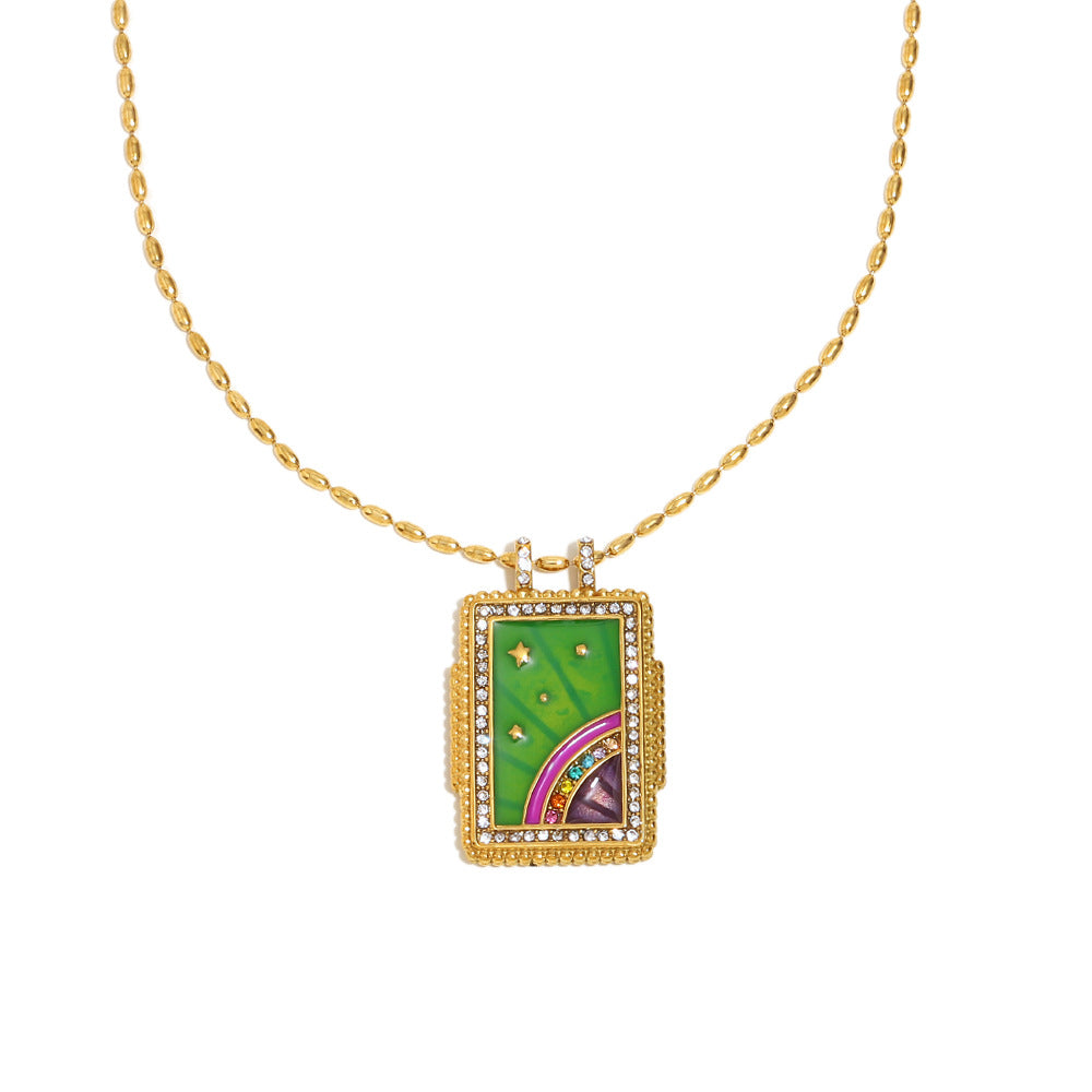 Collar de mujer con colgante cuadrado geométrico de estilo vintage en acero inoxidable con baño de oro de 18 quilates y acabado esmaltado