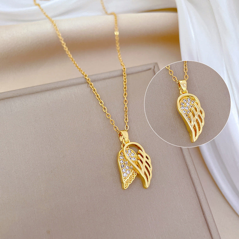 Luxury Feather Wing Geometric Pendant Necklace Titanium Steel Chain Rhinestone Inlay for Unisex