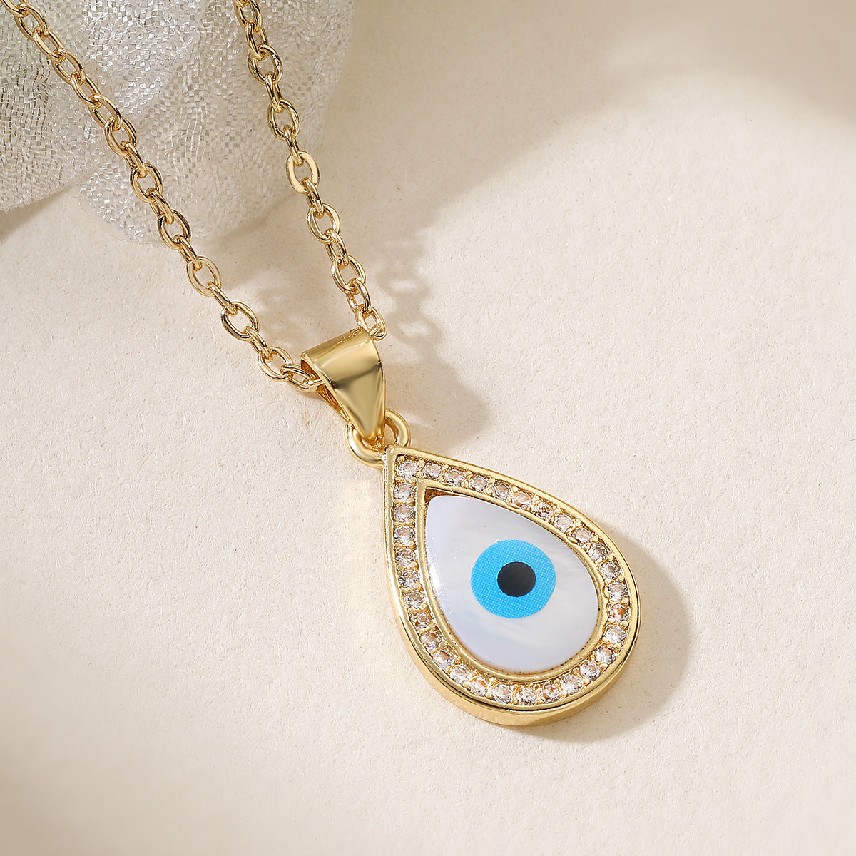 Minimalist Geometric Evil Eye Cubic Zirconia Gold Plated Brass Pendant Necklace