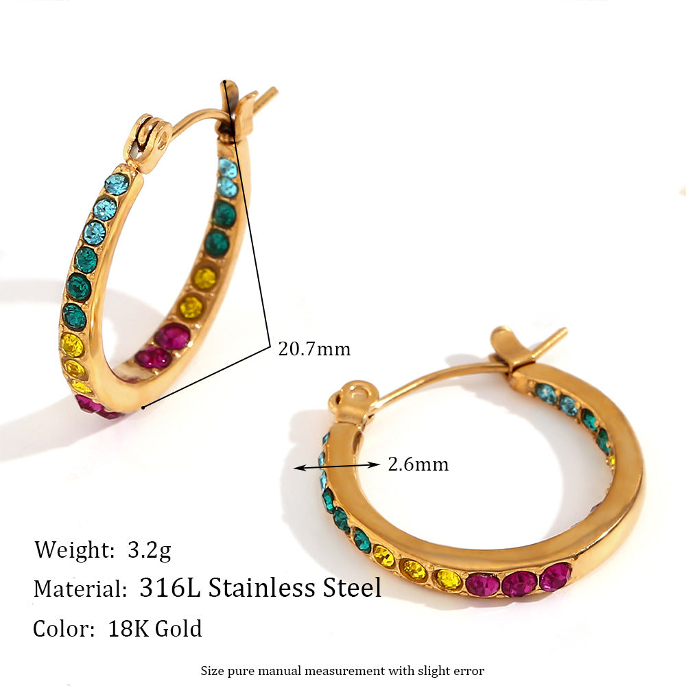 Minimalist Geometric Stainless Steel Earrings with 18K Gold Plating and White Rhinestone Inlay for Women