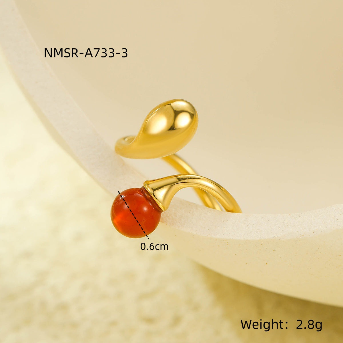 Anello Aperto Geometrico Minimalista in Acciaio Inossidabile con Intarsio in Pietra Naturale, Gioiello di Moda Ipoallergenico Placcato Oro 18K da Donna