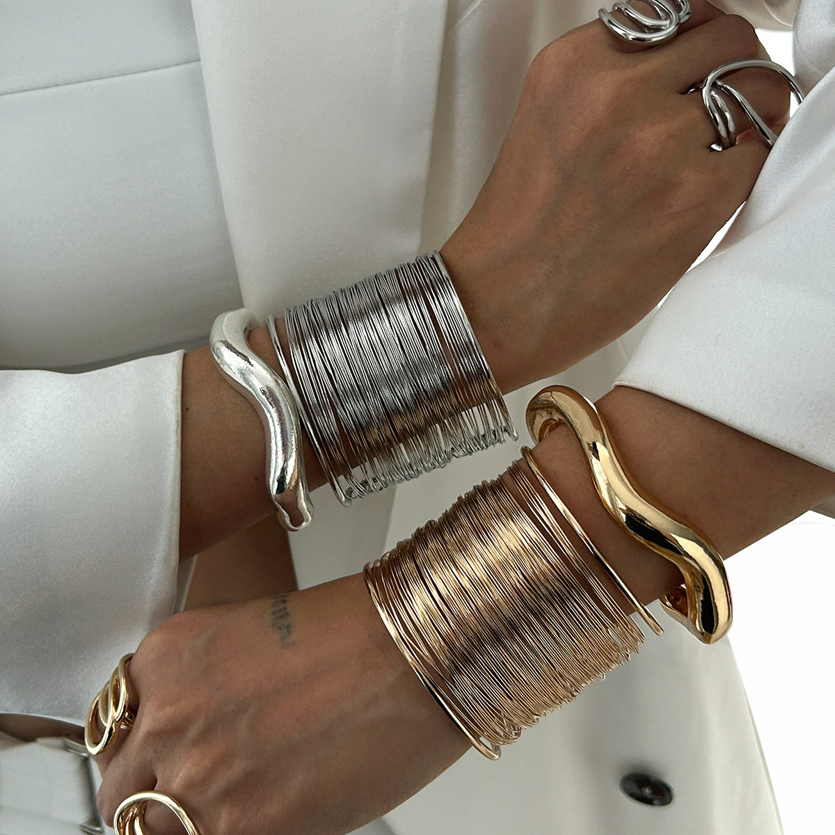 Irregular Geometric Plated Metal Cuff Bracelet Set