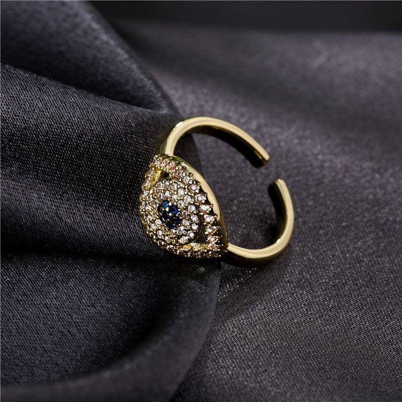 Gold Plated Brass Micro-inlay Cubic Zirconia Evil Eye Adjustable Ring for Women