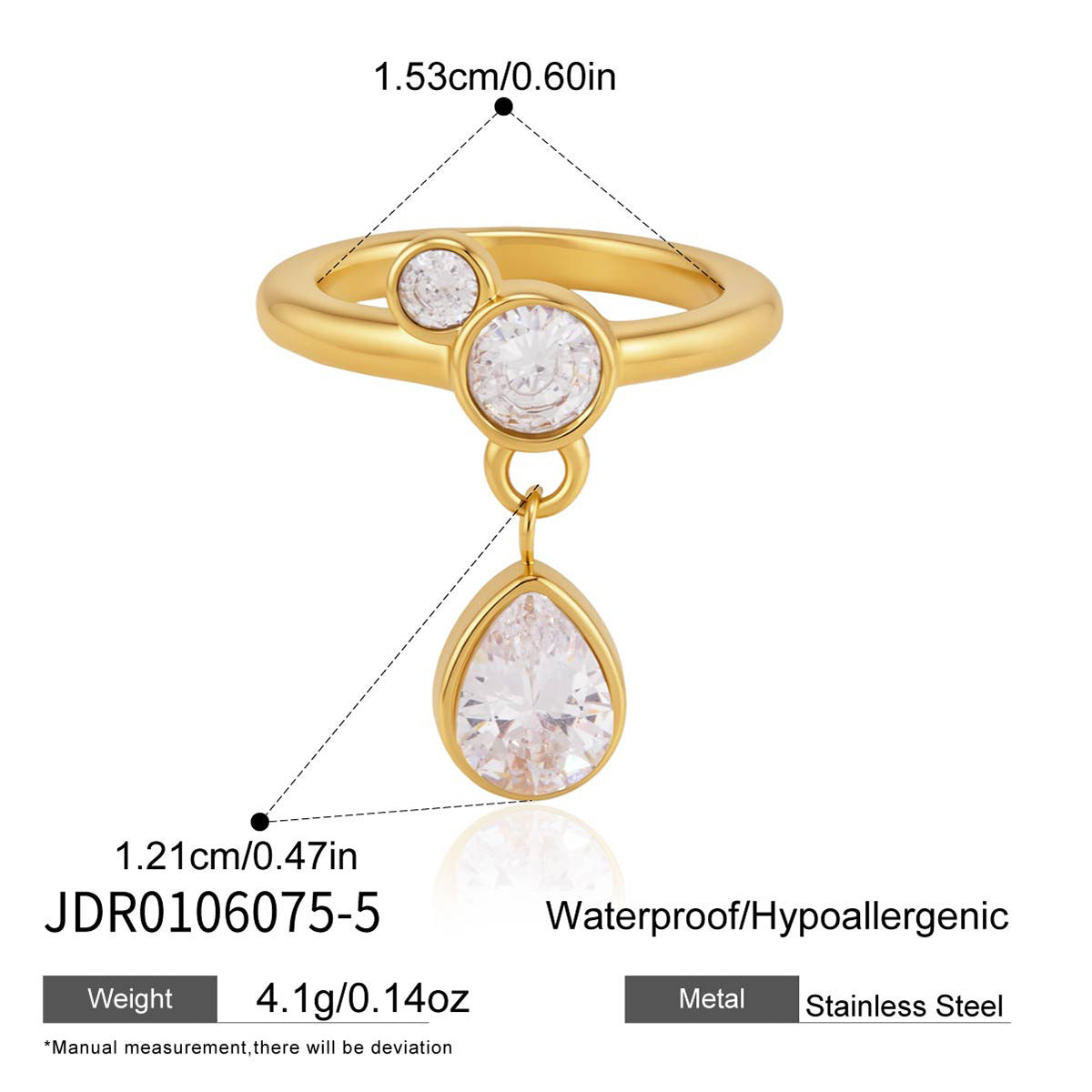 Minimalist Elegant Teardrop Oval Cubic Zirconia PVD Titanium Steel Ring for Women