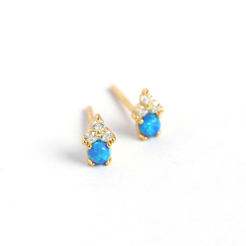 Orecchini a perno con opale e intarsio di strass in argento sterling S925, stile naturale, forma geometrica da donna