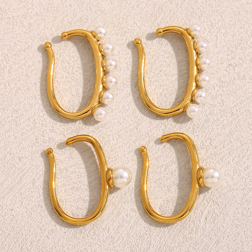 Minimalist Geometric Stainless Steel Ear Clips with 18K Gold Plating and Single Pearl Accent for Women