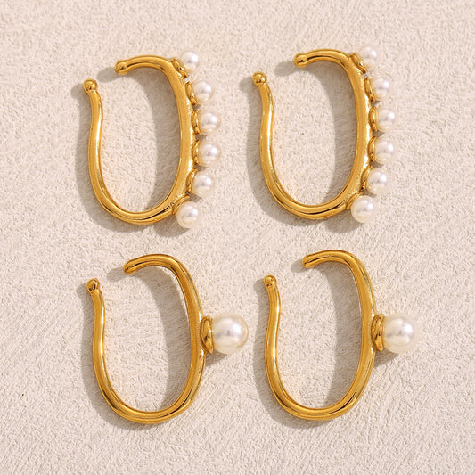 Minimalist Geometric Stainless Steel Ear Clips with 18K Gold Plating and Single Pearl Accent for Women