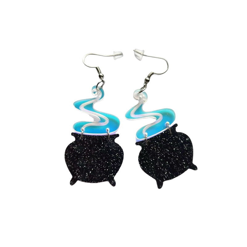 Orecchini da donna da bar a forma di strega con glitter neri di Halloween, in acrilico arcobaleno, con forma geometrica e stile scuro