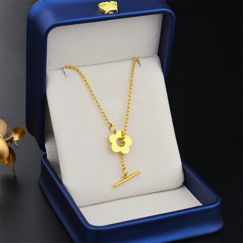 Minimalist Titanium Steel Floral Geometric Pendant Necklace for Women with Gold Plated Finish and Ball Chain