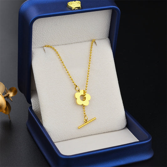 Collar con colgante geométrico floral minimalista de acero de titanio para mujer con acabado chapado en oro y cadena de bolas