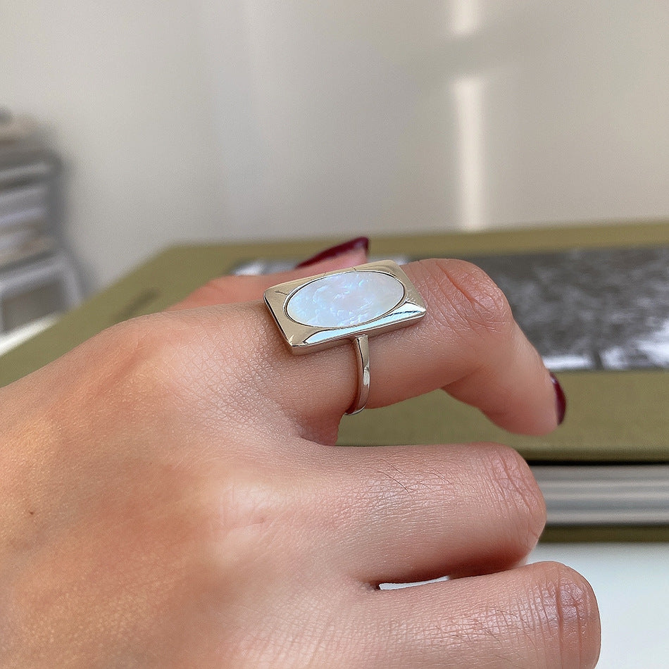 Sweet Minimalist Oval Shell Inlay 925 Sterling Silver Ring for Women