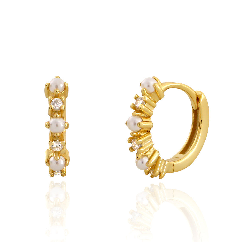 Orecchini a perno da donna in argento sterling S925, eleganti, geometrici, con intarsio di strass e dettagli effetto perla