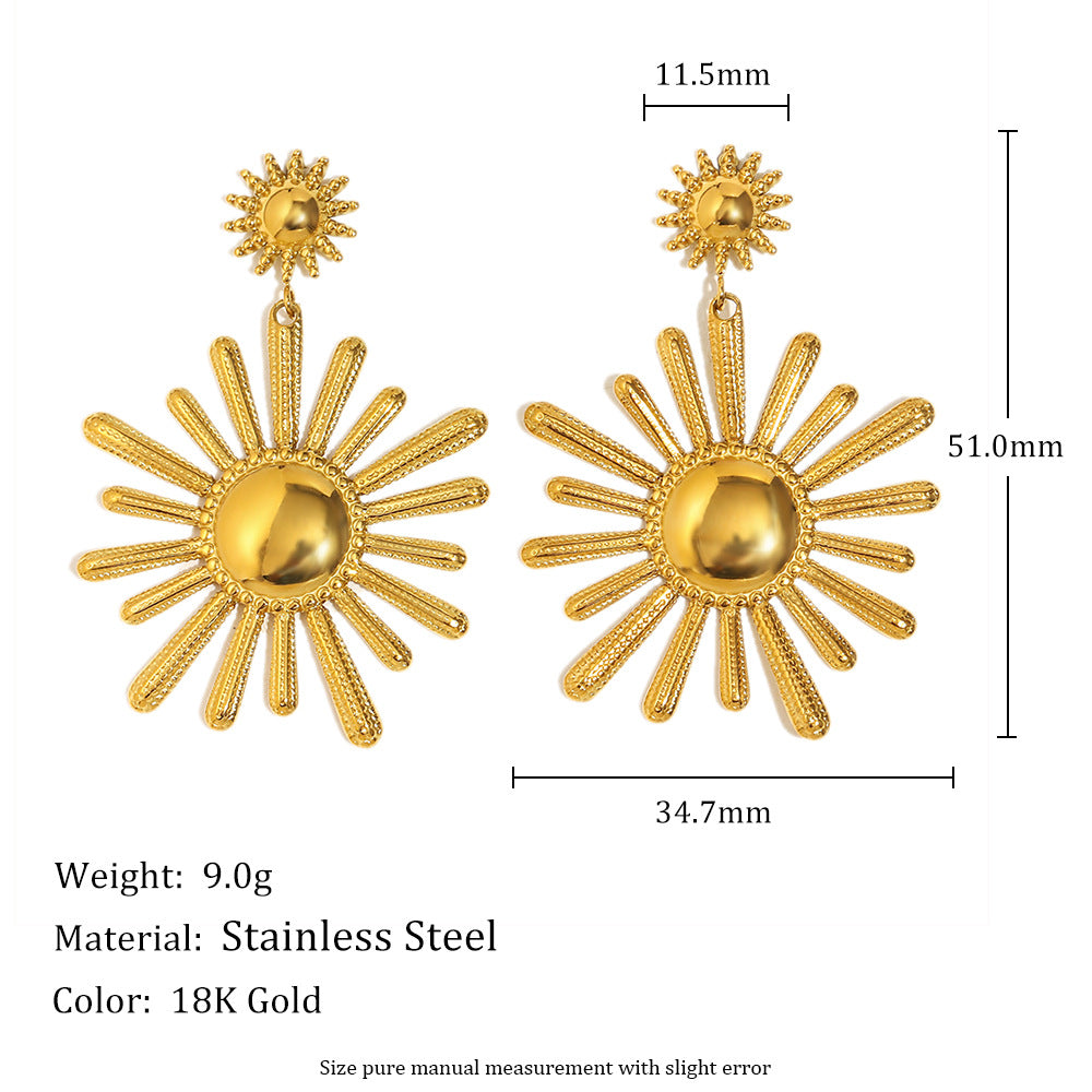 Minimalist Sunflower Pendant Earrings in Stainless Steel with 18K Gold Plating for Women