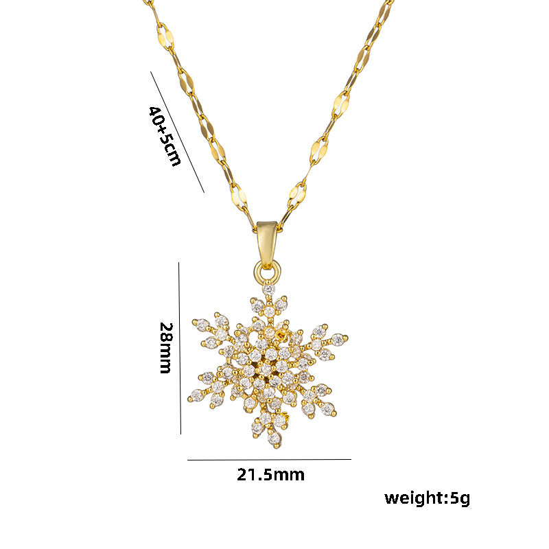 Collana di lusso con pendente a fiocco di neve rotante per donna in acciaio al titanio con strass micro-pavé e catena a onda d'acqua, collana per clavicola