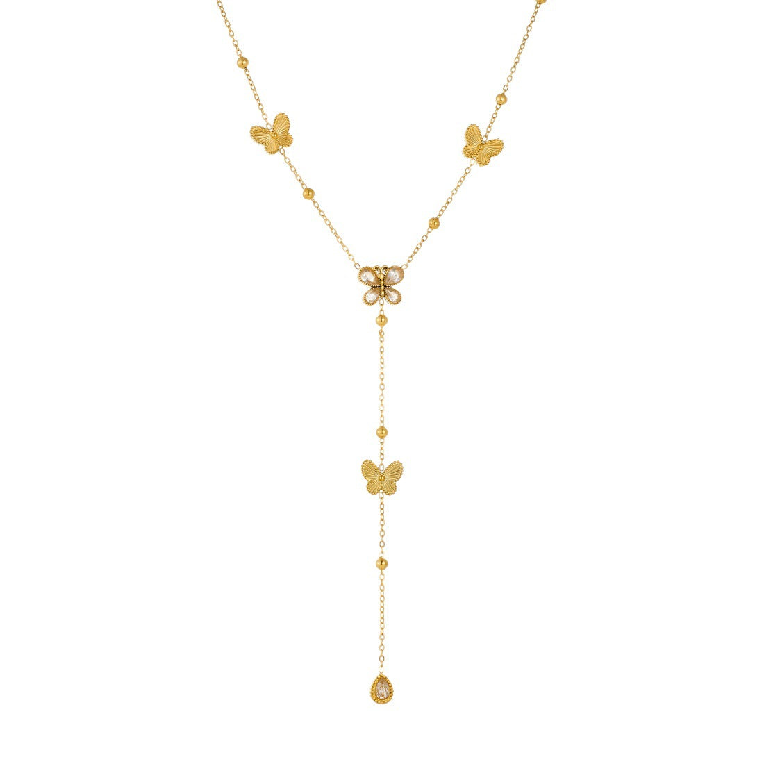 Elegant Gold Plated Butterfly Teardrop Rhinestone Stainless Steel Y-Necklace with Tassel