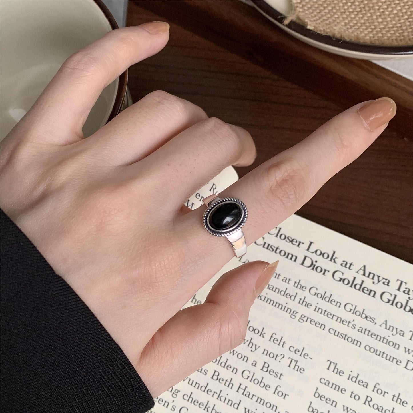 Anillo ajustable de plata de ley S925 con diseño geométrico de ágata negra y cuerda trenzada vintage para mujer