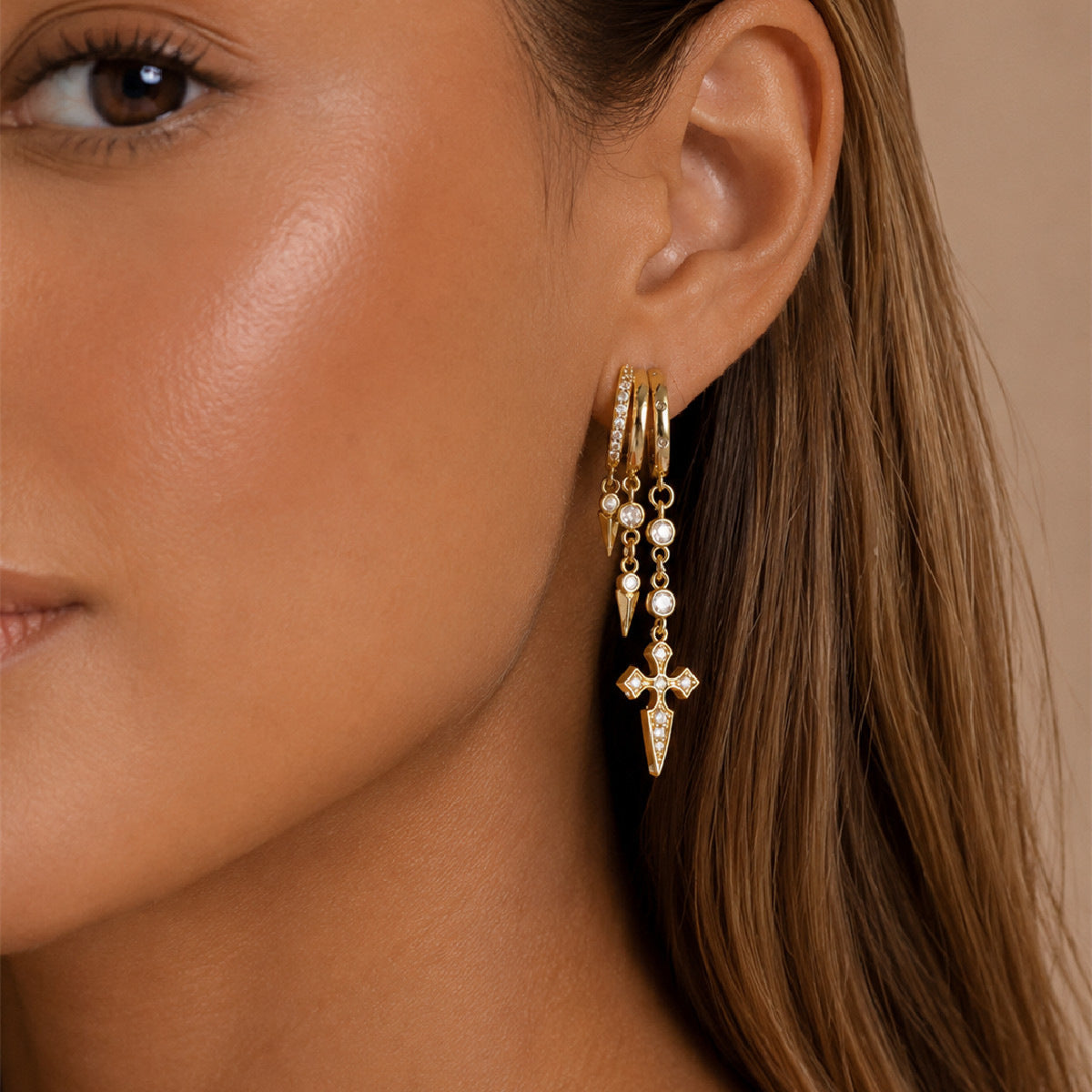 Hip-hop Punk Cross Cubic Zirconia Inlay Plated Brass Earrings for Women