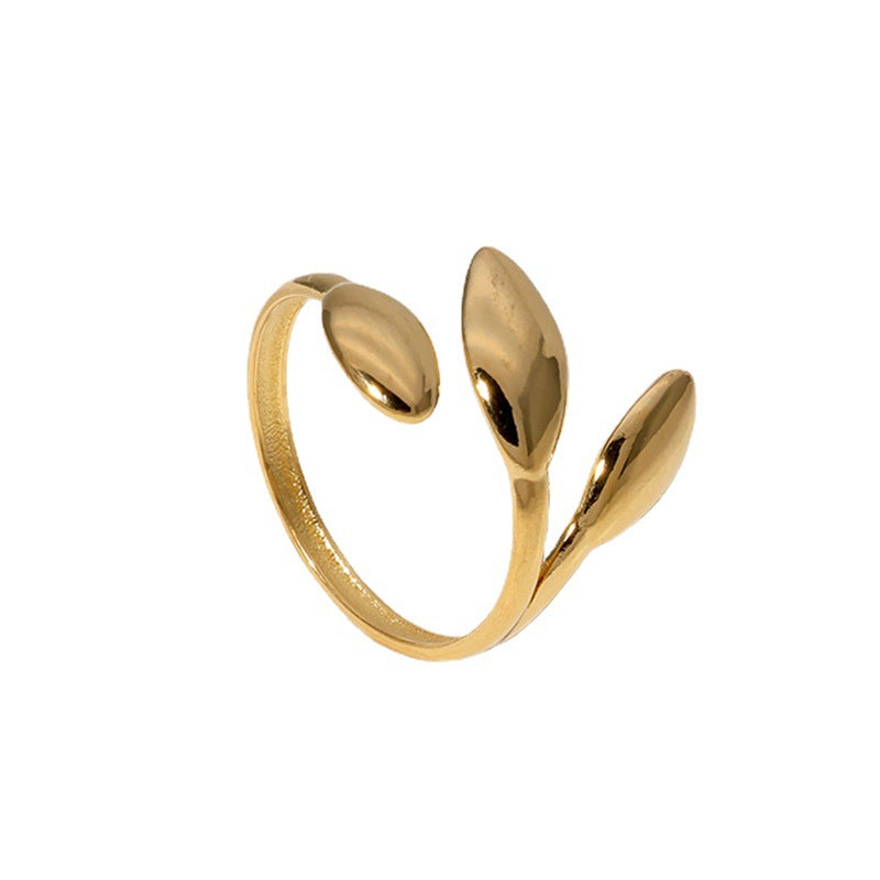Minimalist Leaf-Shaped Titanium Steel Adjustable Ring for Women with Plated Finish