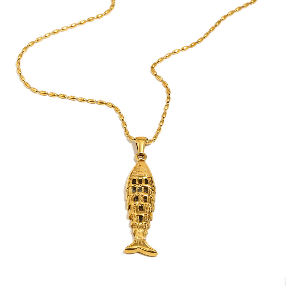 Luxury 18K Gold Plated Geometric Fish Checkered Stainless Steel Pendant Necklace for Women