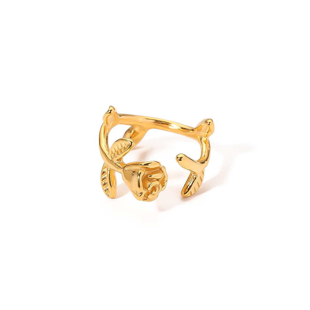 Vintage French Style Rose-Shaped Stainless Steel Ring with Gold Plating for Women, Geometric Design Fashion Ring