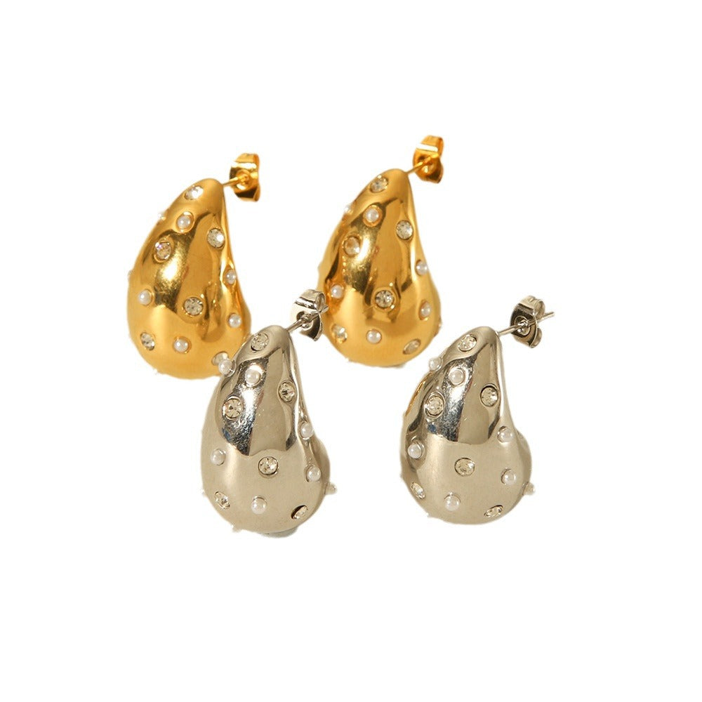 Orecchini da donna minimalisti in acciaio inossidabile a forma di goccia d'acqua con intarsio di strass e perle, finitura placcata