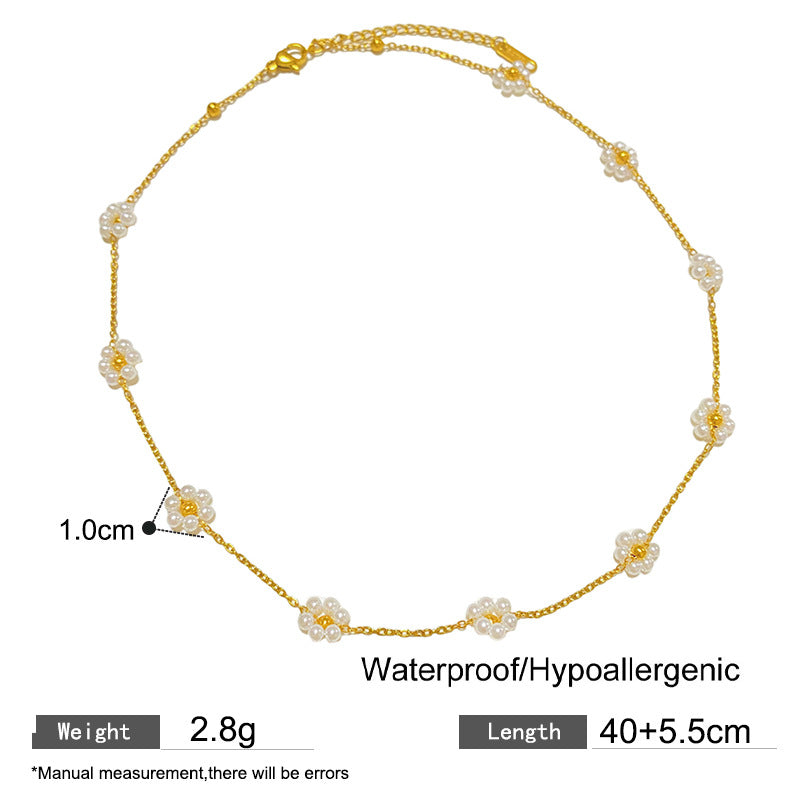 Elegant Floral Geometric Titanium Steel Necklace with Pearl Plated Pendant for Unisex