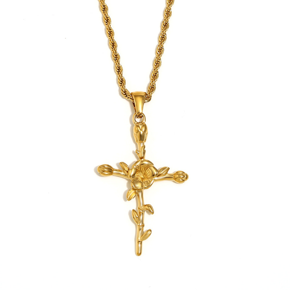 Vintage French-Style Floral Pendant Necklace in Stainless Steel with 18K Gold Plating for Women
