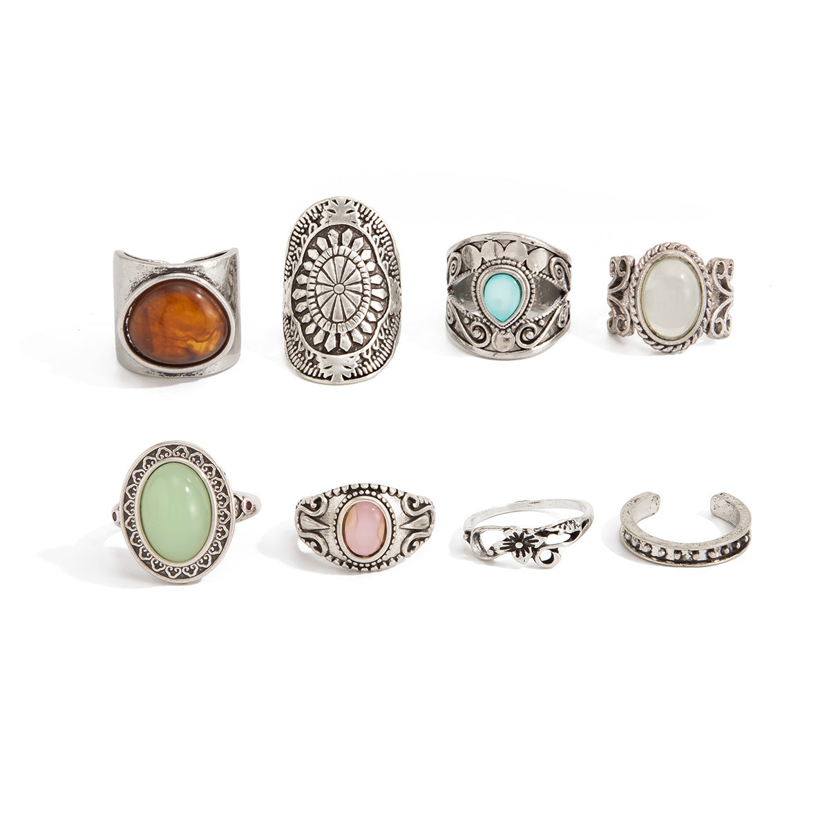 Vintage Hip-hop Geometric Oval Zinc Alloy Plated Gemstone Inlay Wide Ring Set for Women