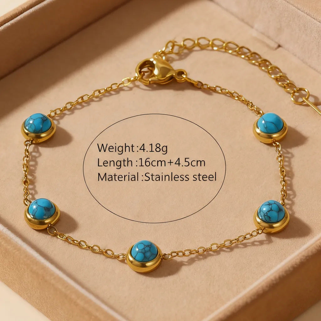 Minimalist Round Geometric Turquoise Inlay Stainless Steel Necklace Set with Cable Chain
