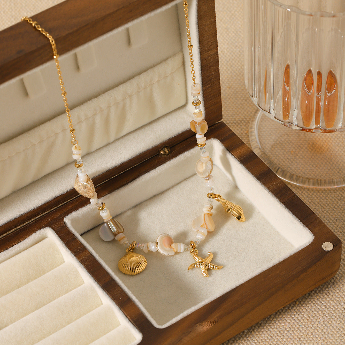 Minimalist Seashell and Starfish Pendant Necklace in Stainless Steel with Electroplated Finish for Women