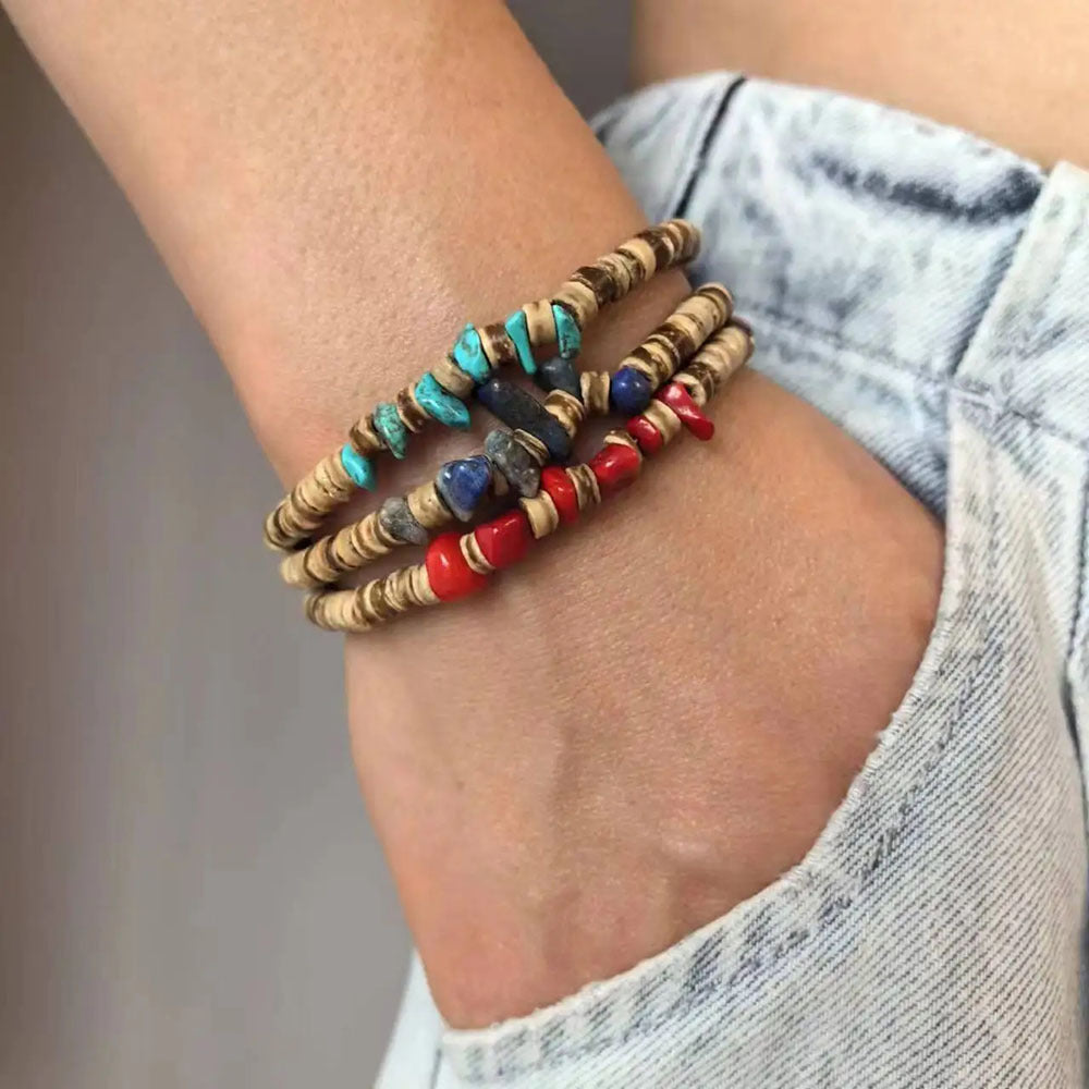 Bohemian Geometric Wood Turquoise Chip Beaded Bracelet Charm Bar Unisex