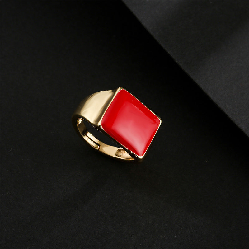 Geometric Square Gold Plated Drip Oil Brass Open Ring for Women