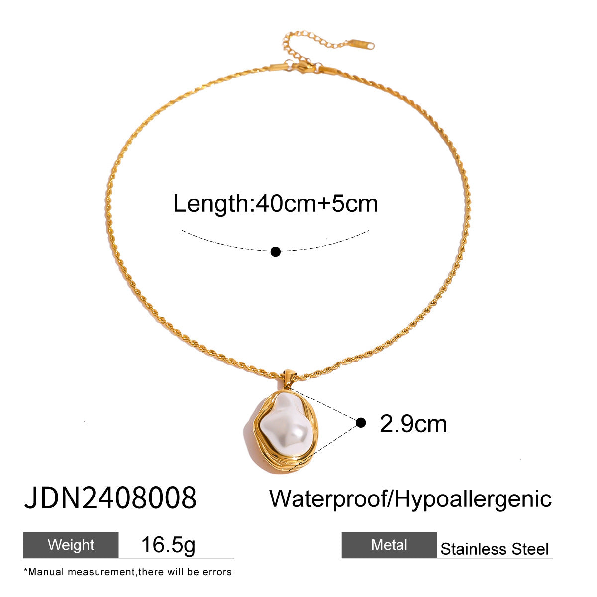 Elegant Geometric Stainless Steel 18K Gold Plated Pearl Necklace for Women