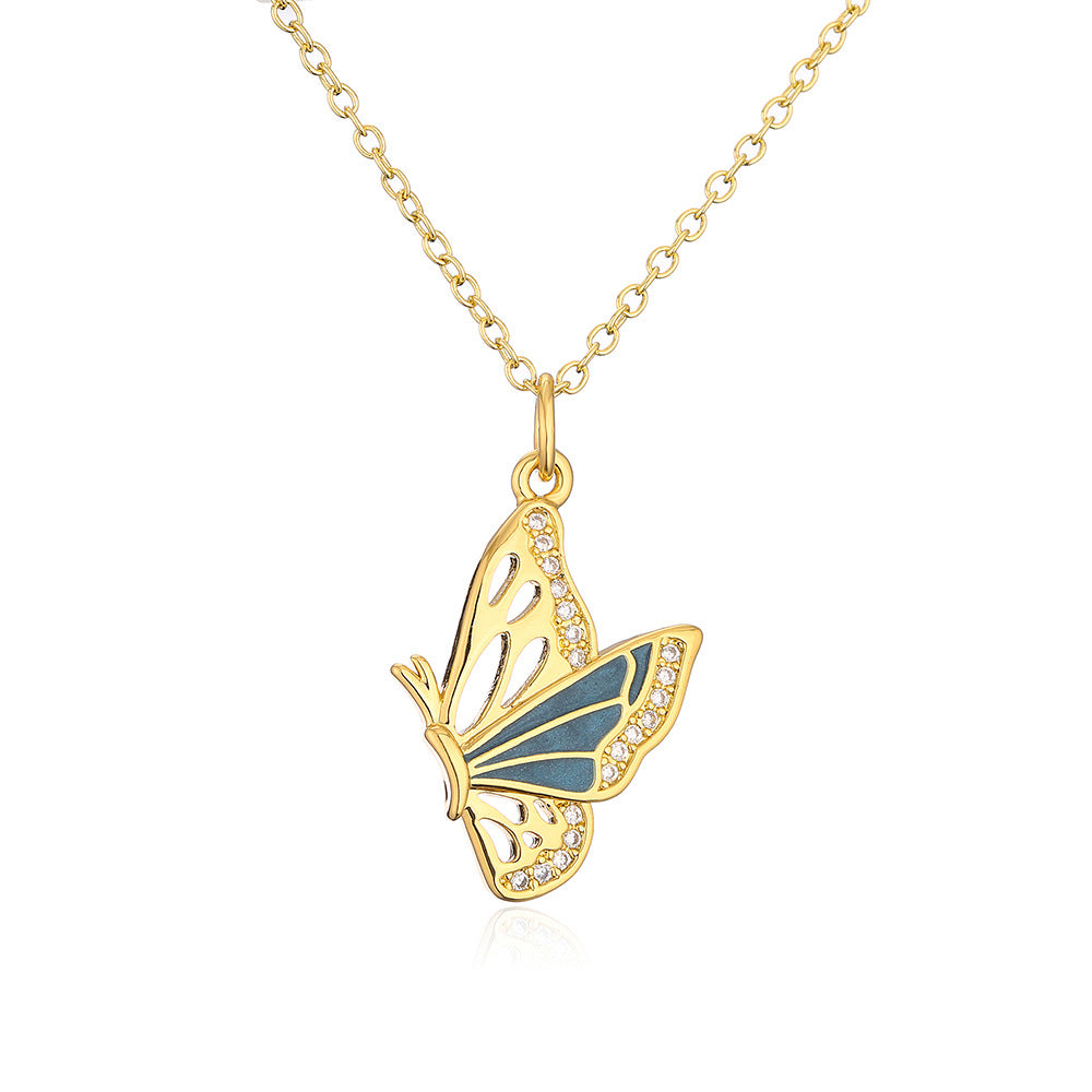 Minimalist Butterfly Pendant Necklace for Women with Copper Base Plated in 18K Gold and Enamel Finish Featuring Cubic Zirconia Accents