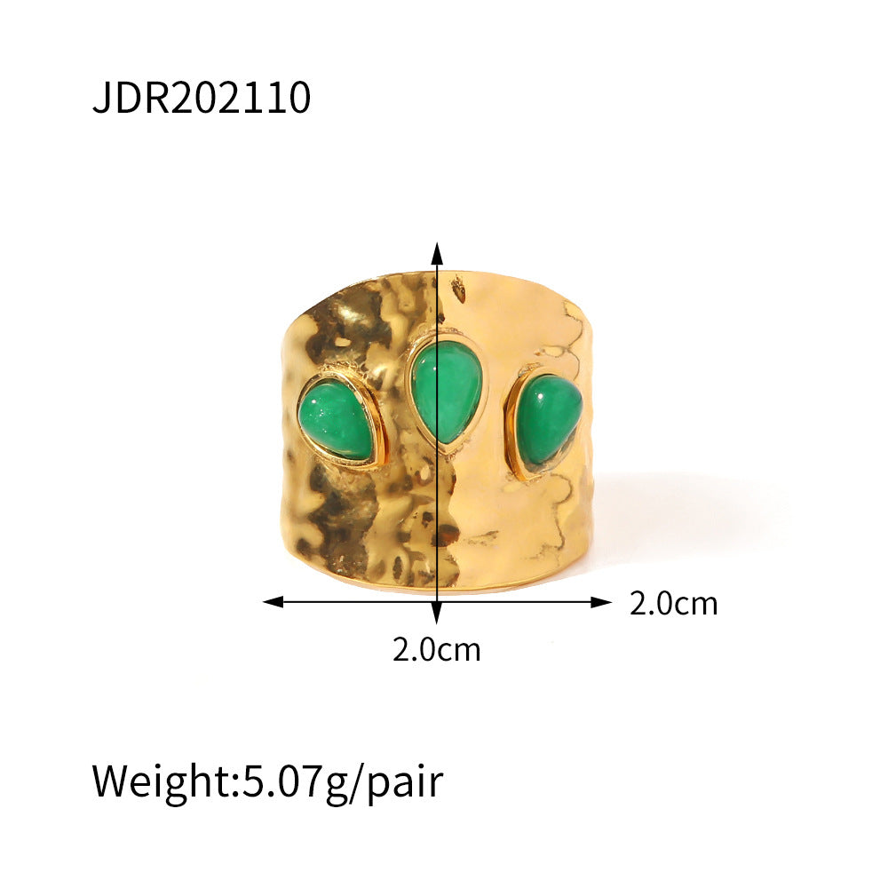 Minimalist French-Inspired Titanium Steel Ring with Three Irregular Green Natural Stones for Women