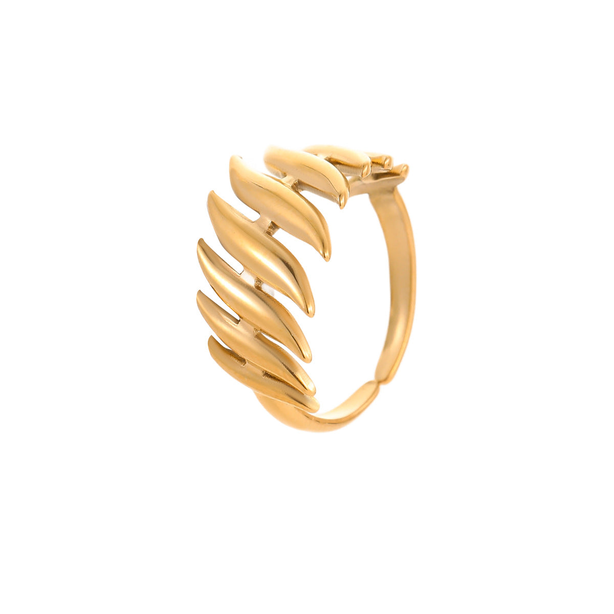 Anillo minimalista de acero de titanio con forma de hoja y chapado en oro de 18 quilates para mujer