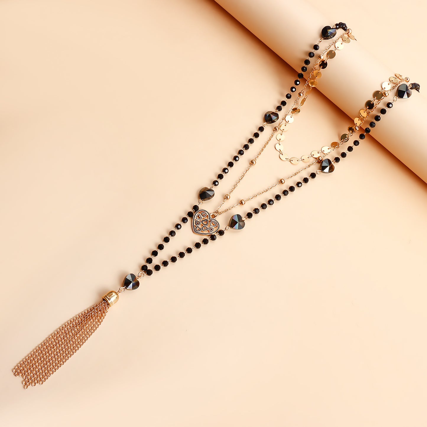 Minimalist Long Black Heart-Shaped Crystal Pendant Necklace for Women with Alloy Chain and Electroplated Finish