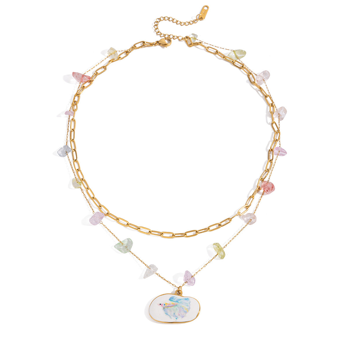 Collana Geometrica a Strati in Acciaio al Titanio Placcato per Donna con Dettagli in Pietra Naturale
