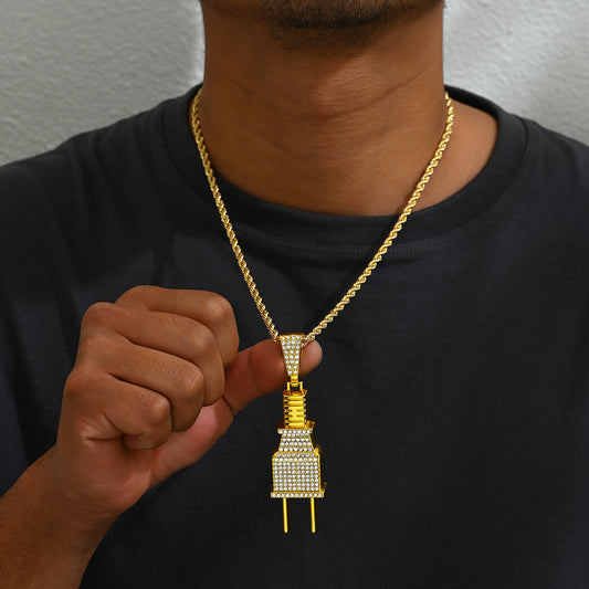 Collar de Rap con Colgante Geométrico para Hombre, de Aleación de Zinc con Incrustaciones de Pedrería en Cadena Cubana