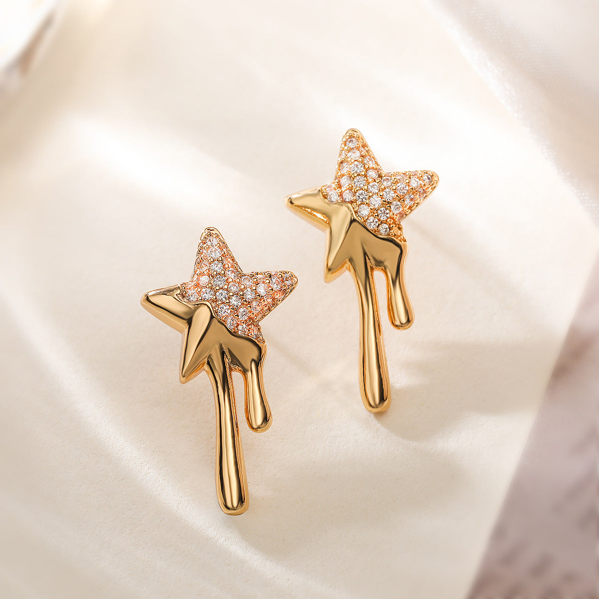 Minimalist Geometric Star and Moon Stud Earrings for Women in Brass with Real Gold Plating and Zircon Inlay