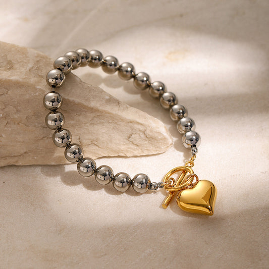 Minimalist 18K Gold Plated Stainless Steel Heart Pendant Beaded Bracelet Unisex