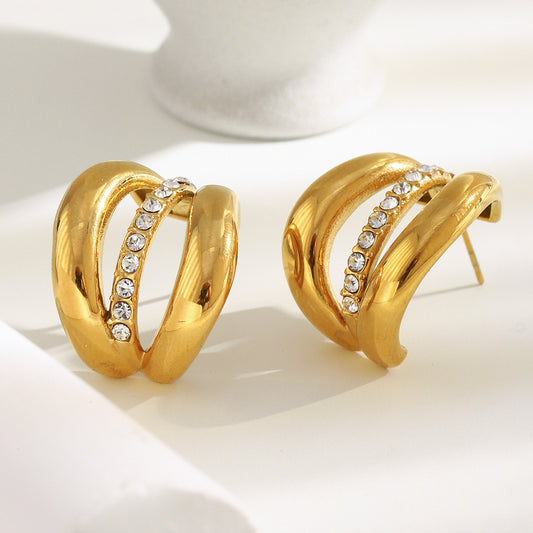 Pendientes de botón geométricos minimalistas de acero inoxidable bañados en oro de 18 quilates con diamantes de imitación de triple capa para mujer