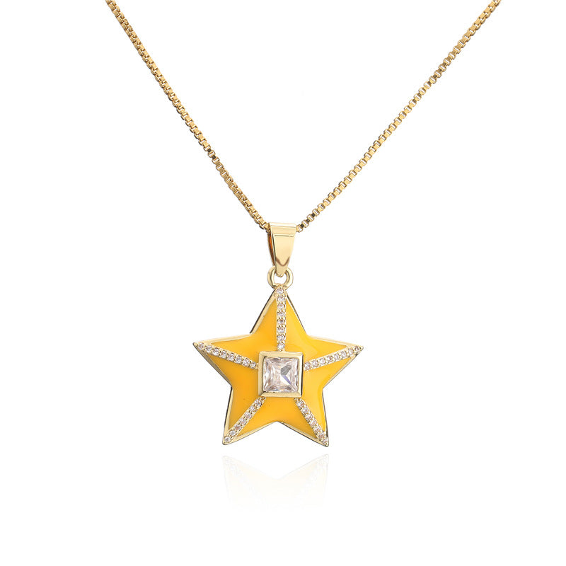 18K Gold Plated Brass Star Drip Oil Cubic Zirconia Pendant Necklace Box Chain for Women